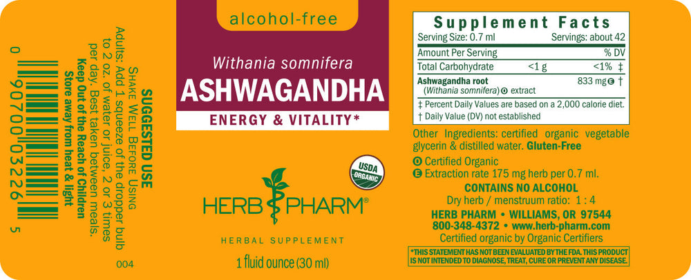Herb Pharm Ashwagandha 1oz - Supplement Facts panel