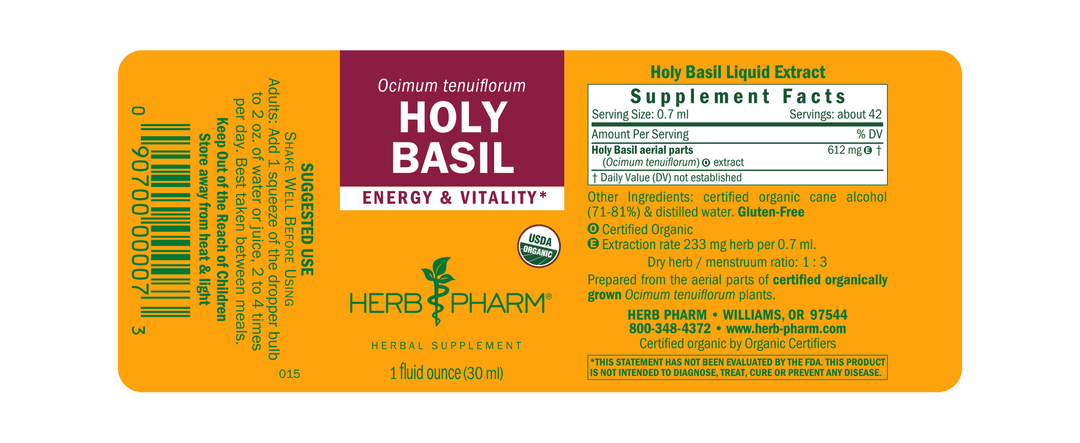 Herb Pharm Holy Basil 4oz - Supplement Facts panel