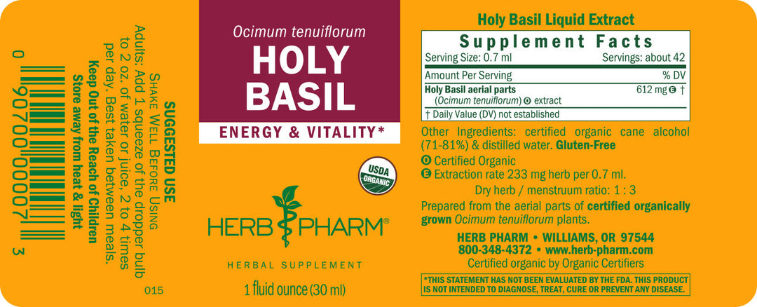 Herb Pharm Holy Basil 1oz - Supplement Facts panel