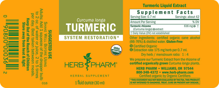 Herb Pharm Turmeric 1oz - Supplement Facts panel
