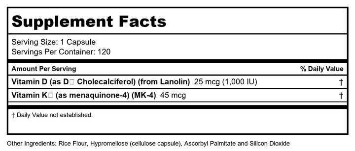 Now Foods Vitamin D3 &amp; K2 1,000 IU 120 Vcaps - 0369 - Supplement Facts panel