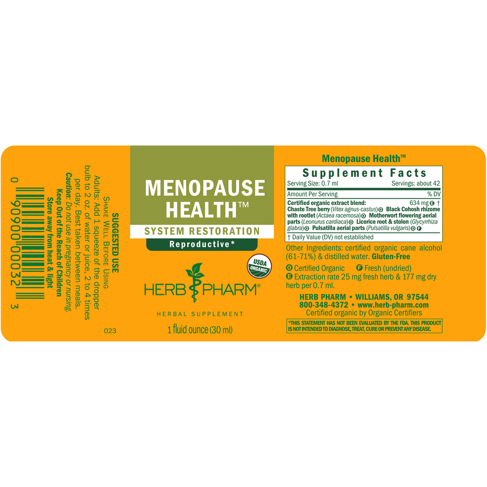 Herb Pharm Menopause Health 1oz - B001E13632 - Supplement Facts panel