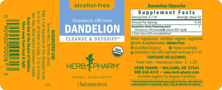 Herb Pharm Dandelion Alcohol Free 1oz - Supplement Facts panel