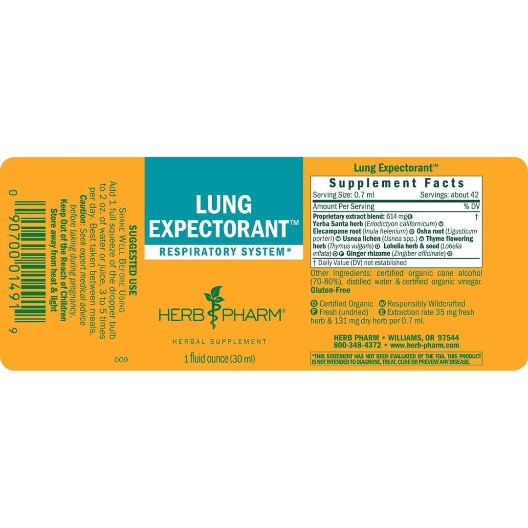 Herb Pharm Lung Expectorant 4oz - Supplement Facts panel
