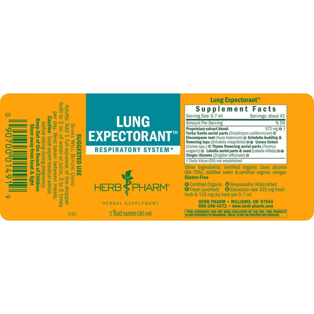 Herb Pharm Lung Expectorant 1oz - Supplement Facts panel