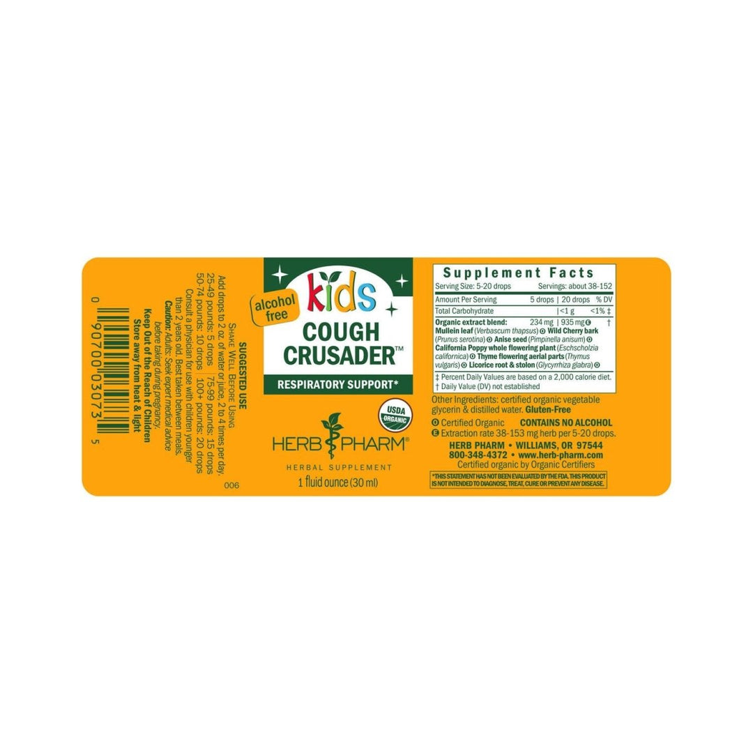 Herb Pharm Kids Cough Crusader 4oz - Supplement Facts panel