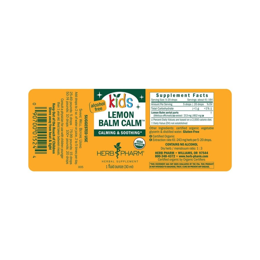 Herb Pharm Kids Lemon Balm Calm AF 1oz - Supplement Facts panel