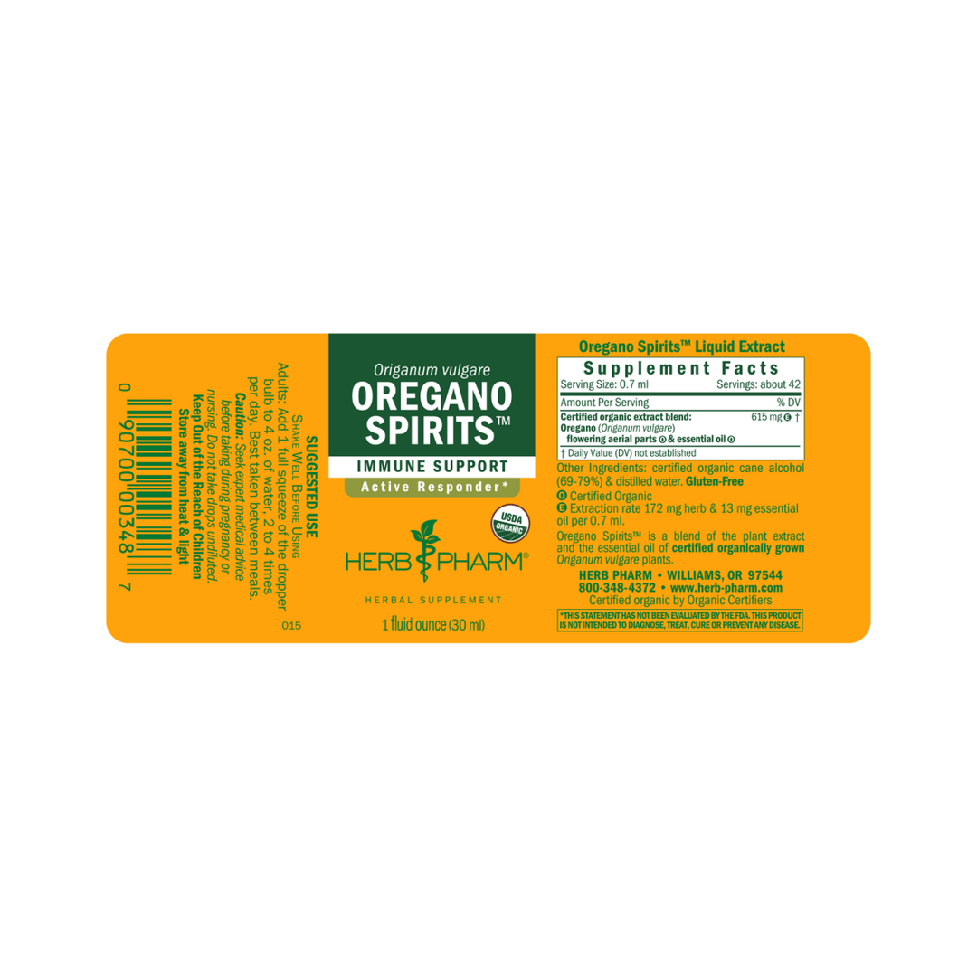Herb Pharm Oregano Spirits 1oz - Supplement Facts panel