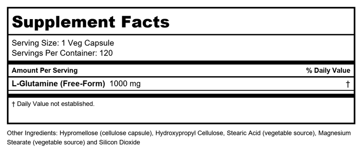 Now Sports L-Glutamine Double Strength 1000 mg 120 Vcaps - 0094 - Supplement Facts panel