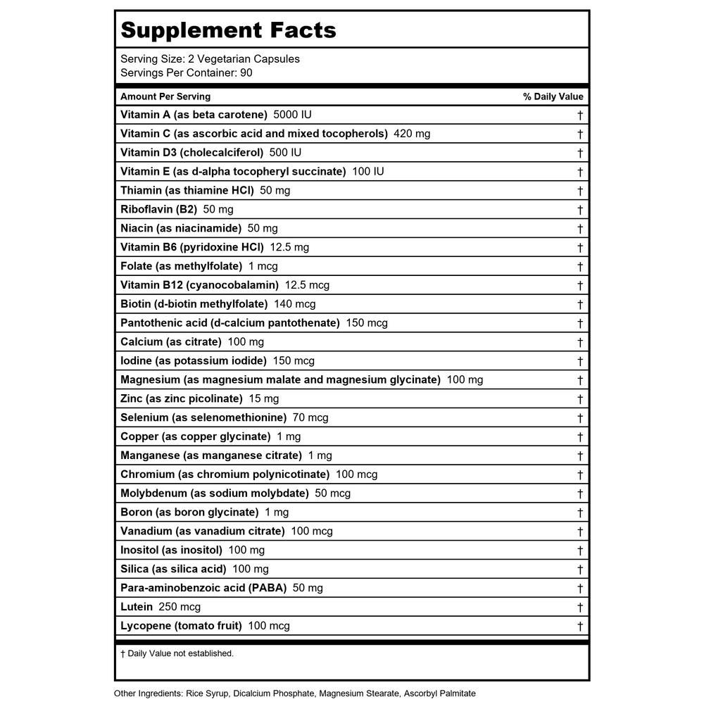 Vital Nutrients Multi-Nutrients 2 With Copper Without Iron 180 Capsules - Supplement Facts panel