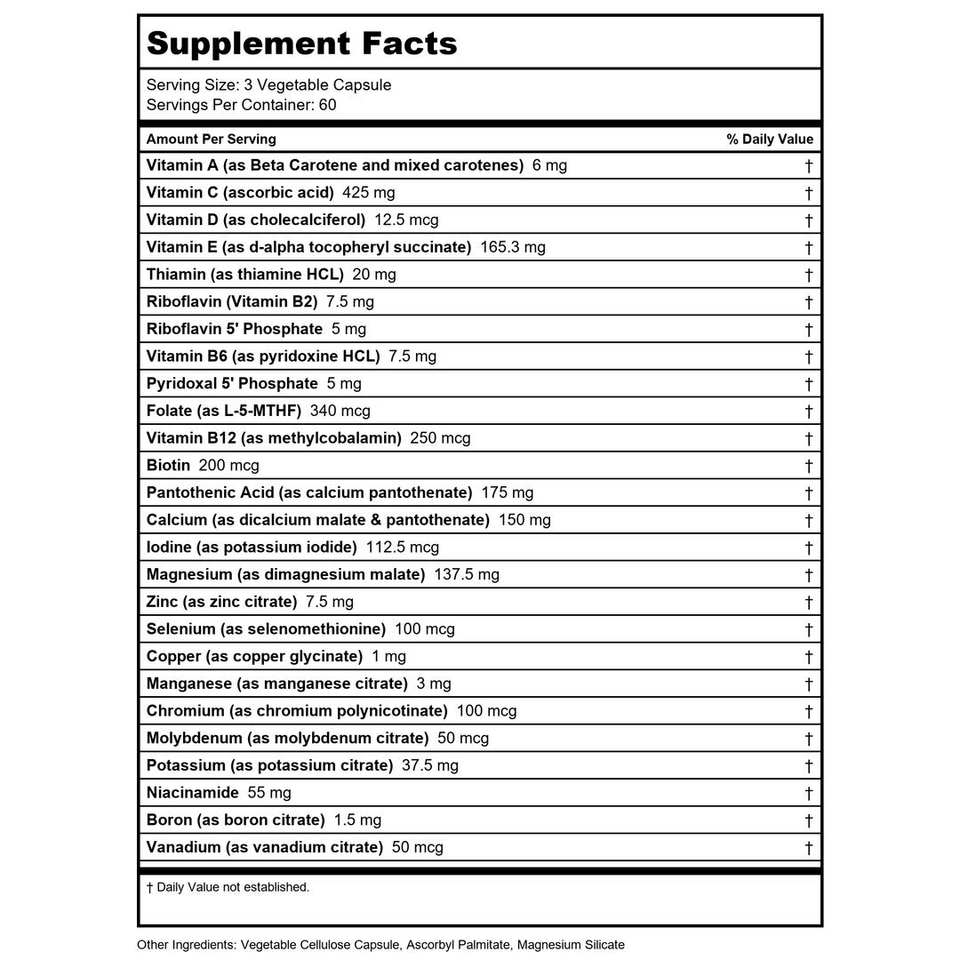Vital Nutrients Multi-Nutrients With Iron &amp; Iodine 180 Capsules - Supplement Facts panel