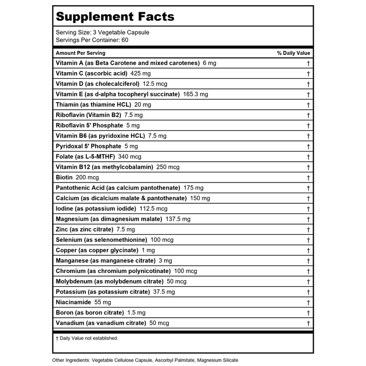 Vital Nutrients Multi-Nutrients With Iron &amp; Iodine 180 Capsules - Supplement Facts panel