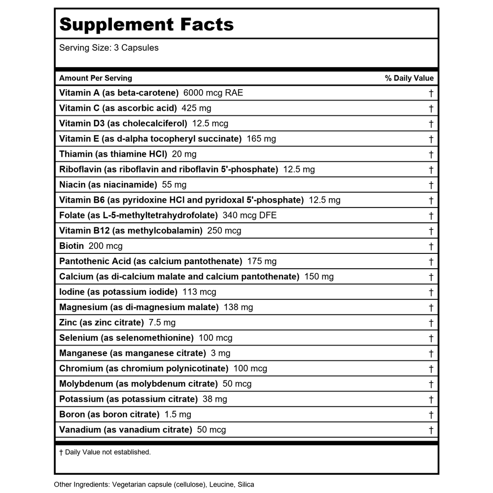 Vital Nutrients Multi-Nutrients 3 Citrate Malate Formula 180 Vcaps - Supplement Facts panel