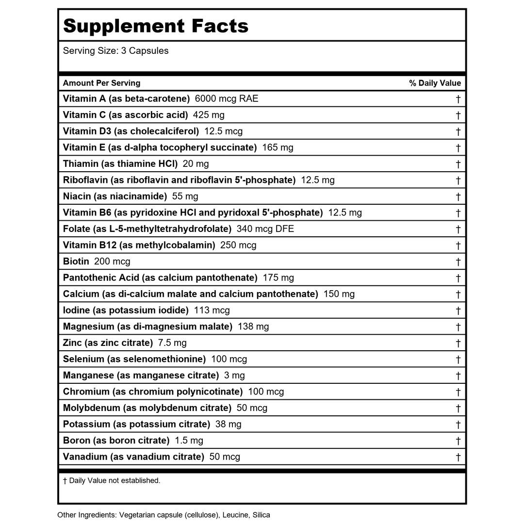 Vital Nutrients Multi-Nutrients 3 Citrate Malate Formula 180 Vcaps - Supplement Facts panel