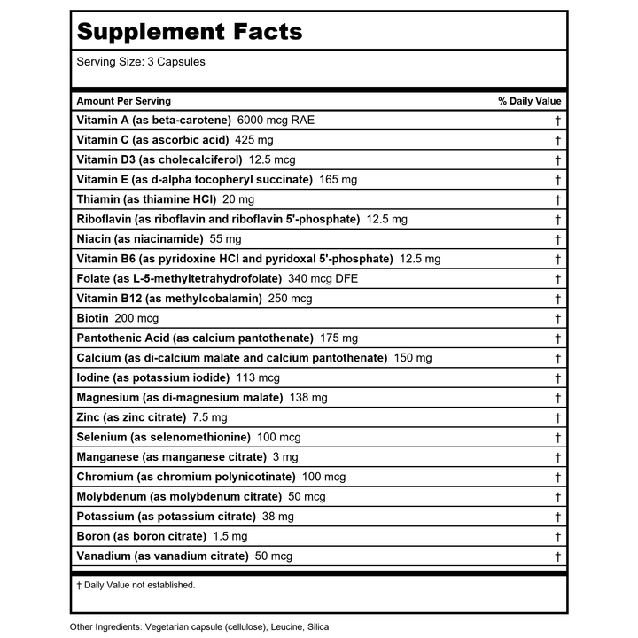 Vital Nutrients Multi-Nutrients 3 Citrate Malate Formula 180 Vcaps - Supplement Facts panel