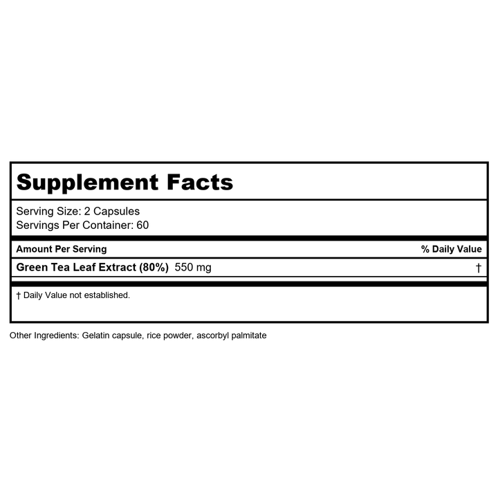 Vital Nutrients Green Tea Extract 80% 275mg 120 Vcaps - Supplement Facts panel