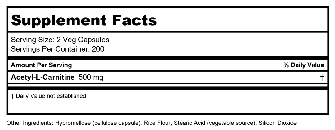 Now Foods Acetyl-L-Carnitine 500 mg 200 Vcaps - 0084 - Supplement Facts panel
