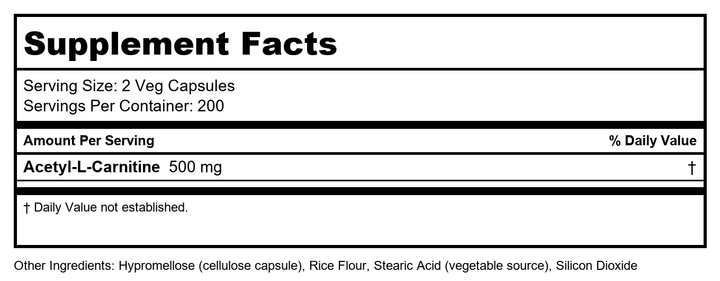 Now Foods Acetyl-L-Carnitine 500 mg 200 Vcaps - 0084 - Supplement Facts panel