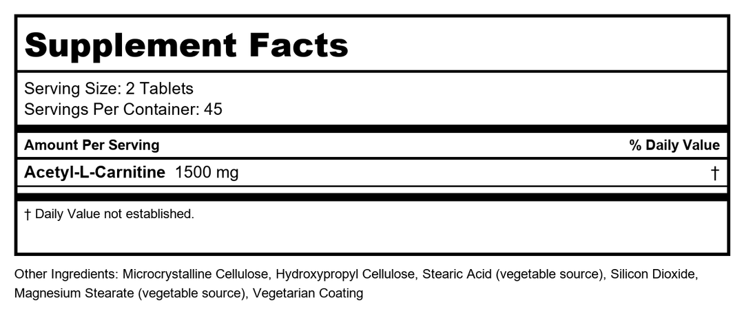 Now Foods Acetyl-L-Carnitine 750 mg 90 Tablets - 0081 - Supplement Facts panel