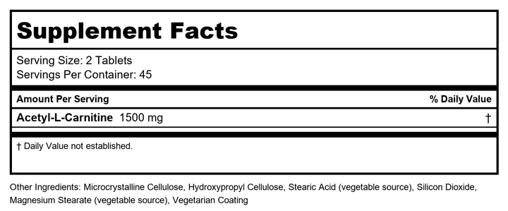 Now Foods Acetyl-L-Carnitine 750 mg 90 Tablets - 0081 - Supplement Facts panel