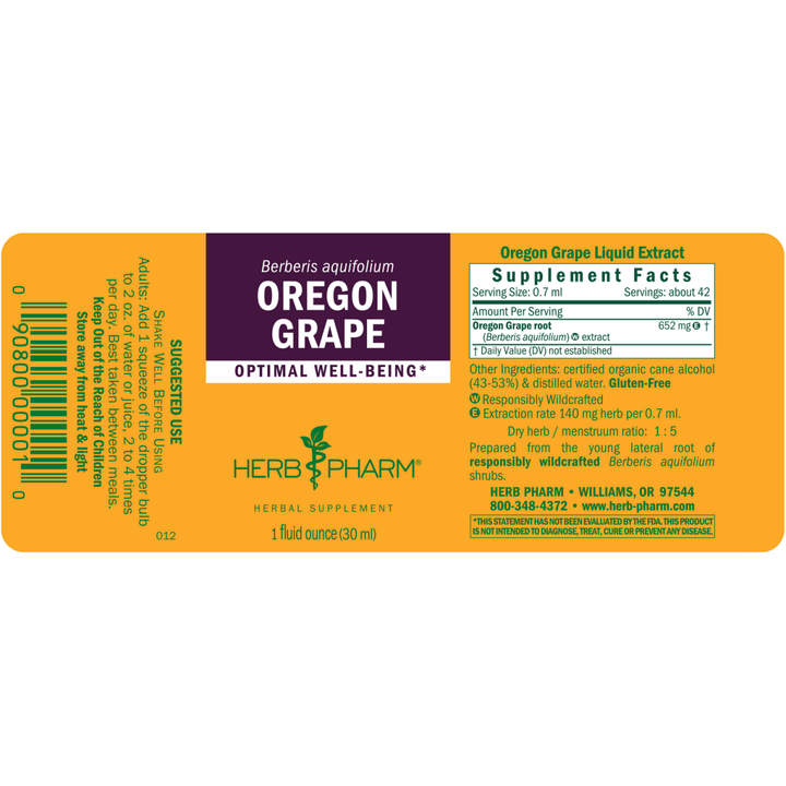 Herb Pharm Oregon Grape 4oz - Supplement Facts panel