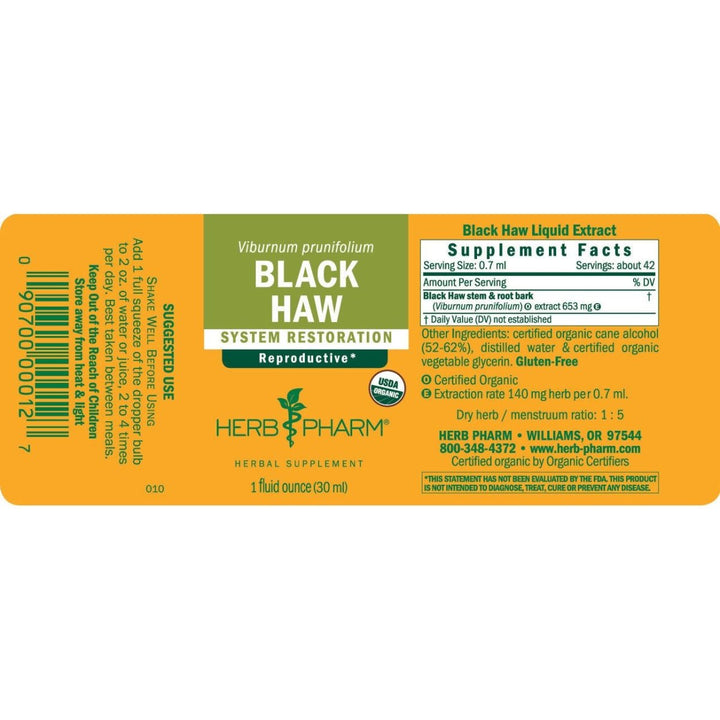 Herb Pharm Black Haw 1oz - Supplement Facts panel