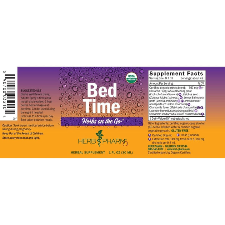 Herb Pharm Herbs On The Go Bed Time 1oz - Supplement Facts panel