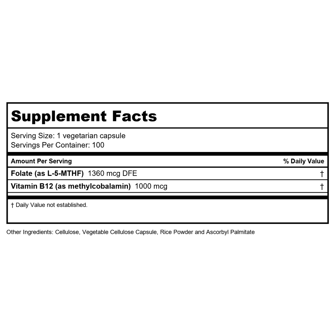 Vital Nutrients Vitamin B12 / Methyl Folate 100 Vcaps - Supplement Facts panel