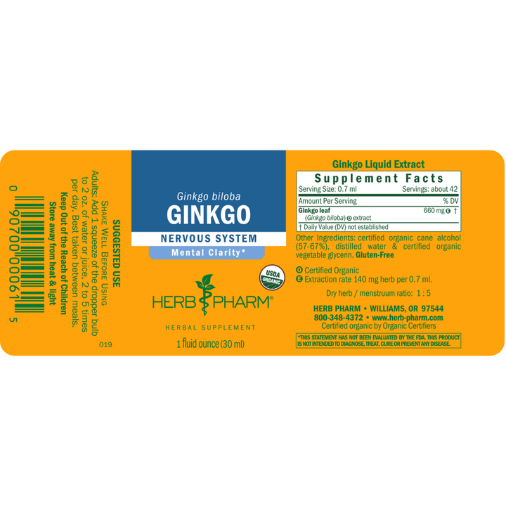 Herb Pharm Ginkgo 4oz - Supplement Facts panel