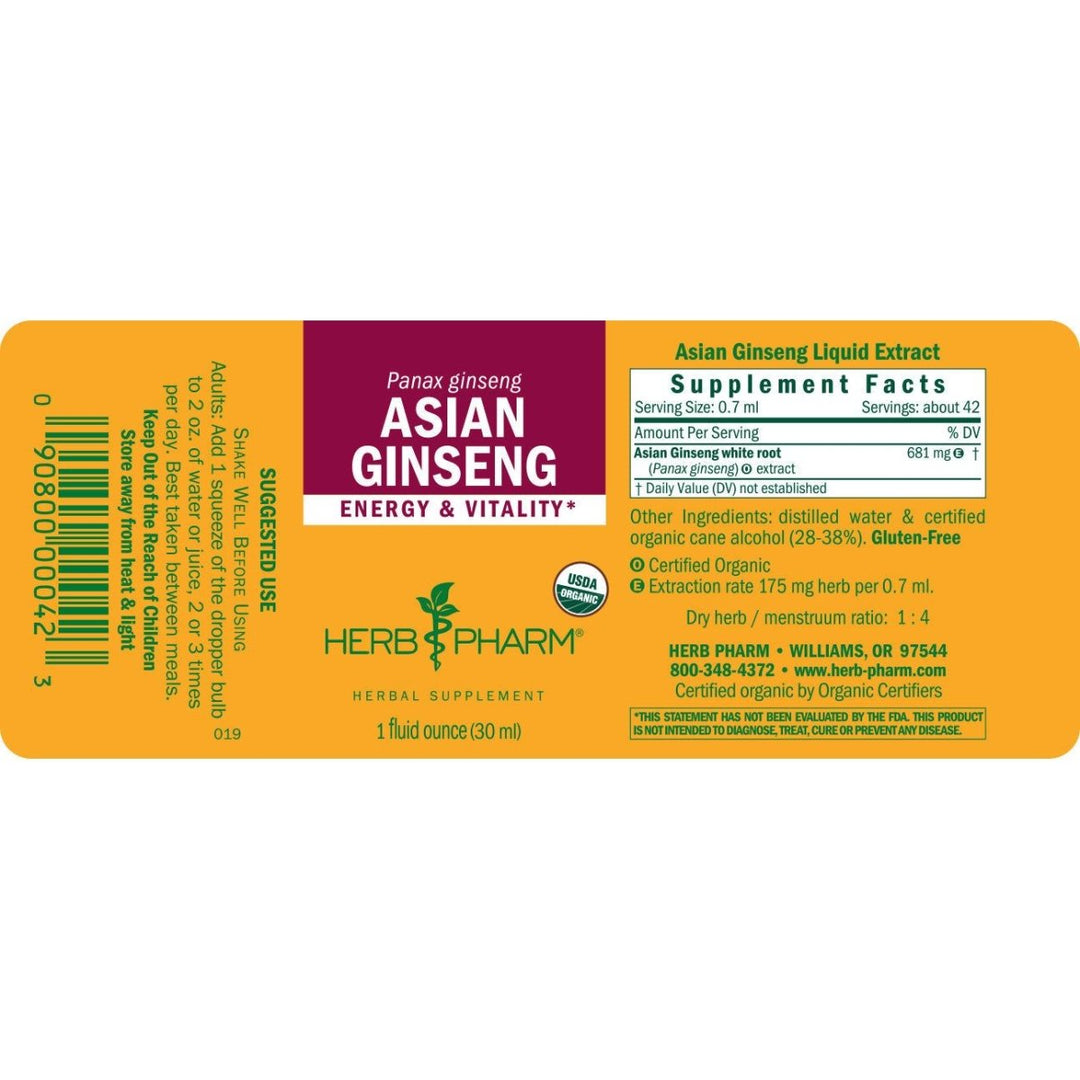 Herb Pharm Asian Ginseng 4oz - Supplement Facts panel