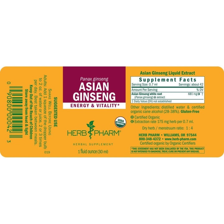 Herb Pharm Asian Ginseng 4oz - Supplement Facts panel