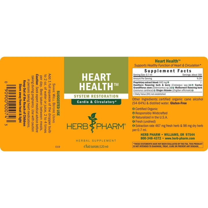 Herb Pharm Heart Health 4oz - Supplement Facts panel