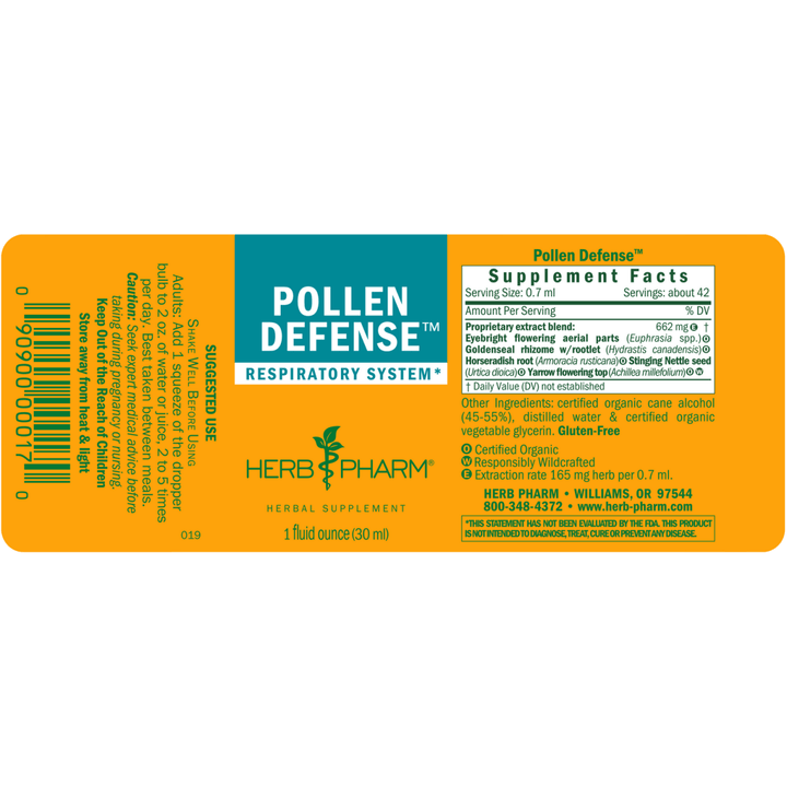 Herb Pharm Pollen Defense 4oz - Supplement Facts panel