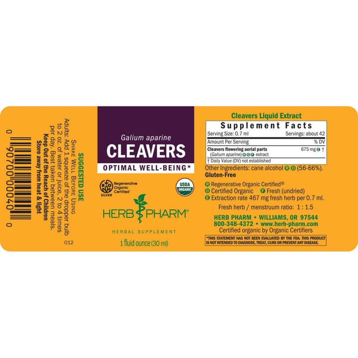 Herb Pharm Cleavers 4oz - Supplement Facts panel