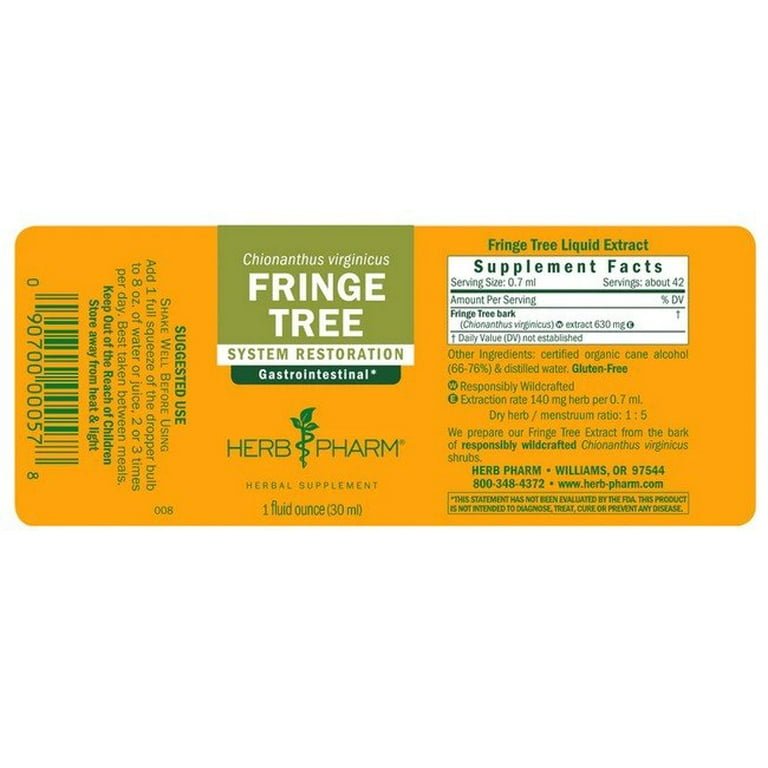 Herb Pharm Fringe Tree 1oz - Supplement Facts panel