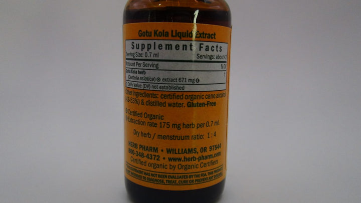 Herb Pharm Gotu Kola 1oz - Supplement Facts panel