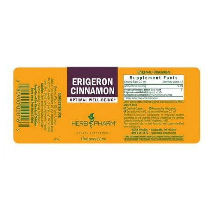 Herb Pharm Erigeron Cinnamon 1oz - Supplement Facts panel