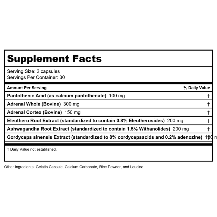 Vital Nutrients Adrenal Support 120 Capsules - Supplement Facts panel