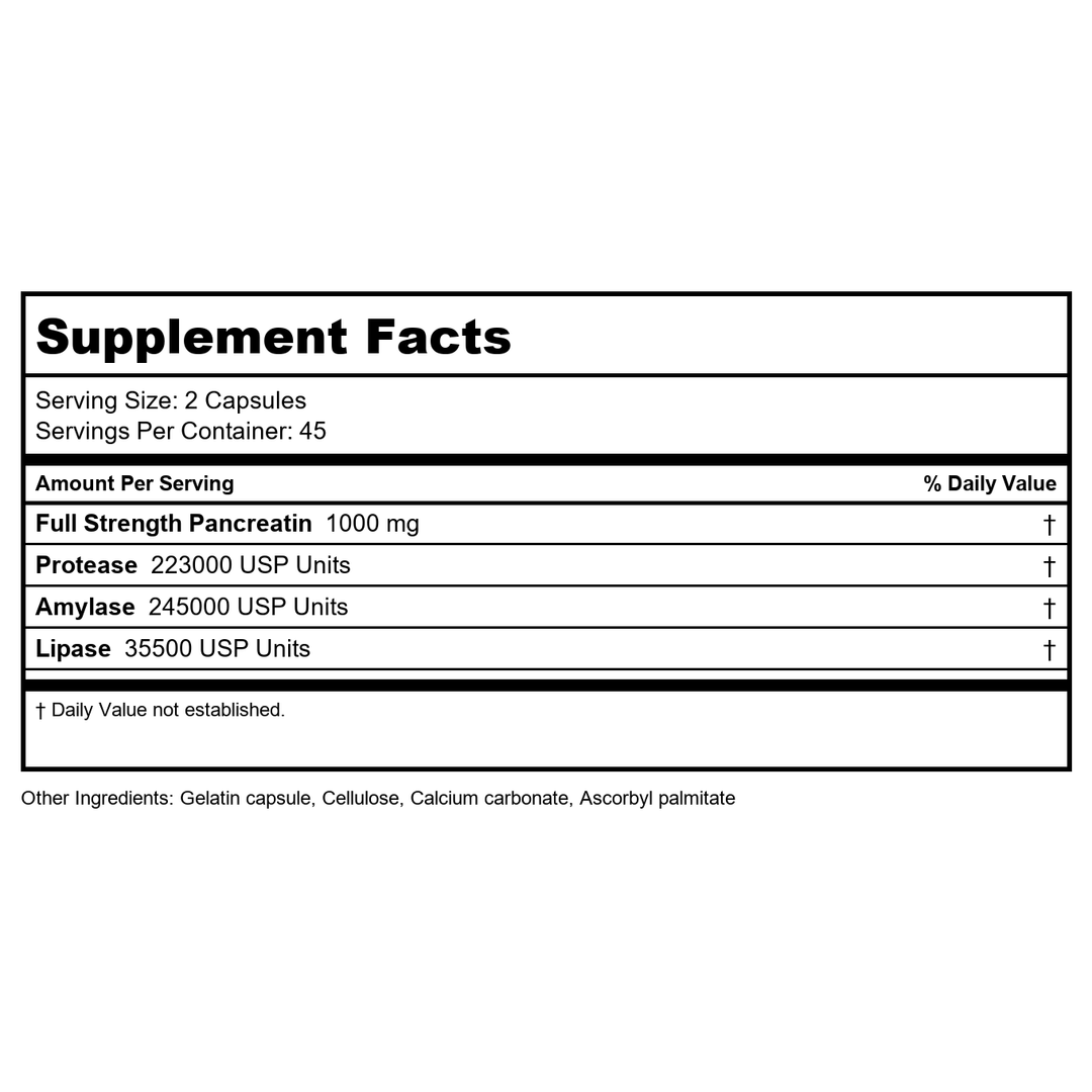 Vital Nutrients Pancreatic Enzymes 500mg 90 Capsules - Supplement Facts panel
