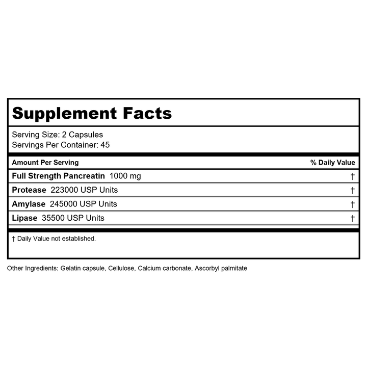 Vital Nutrients Pancreatic Enzymes 500mg 90 Capsules - Supplement Facts panel