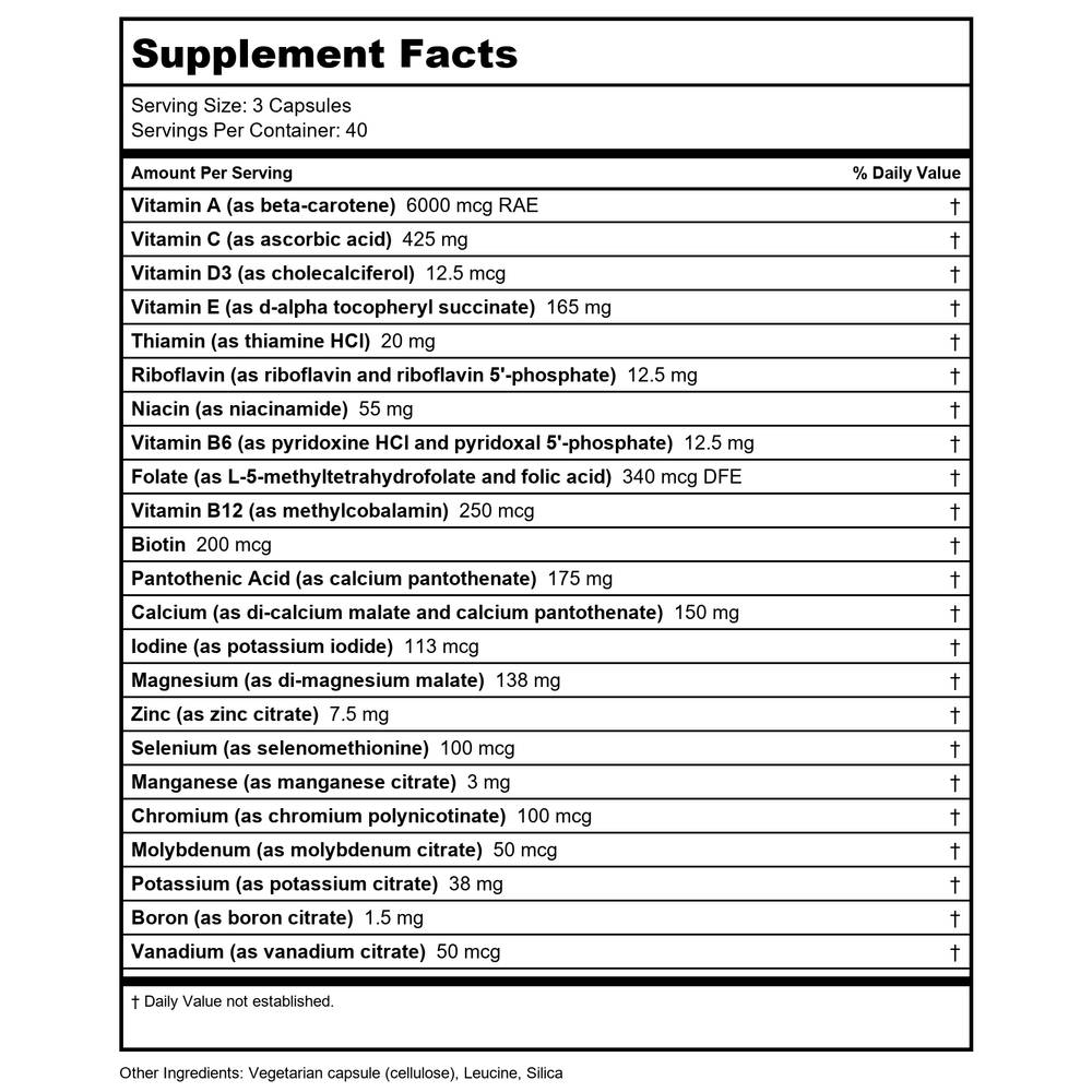 Vital Nutrients Multi-Nutrients 5 120 Capsules - Supplement Facts panel