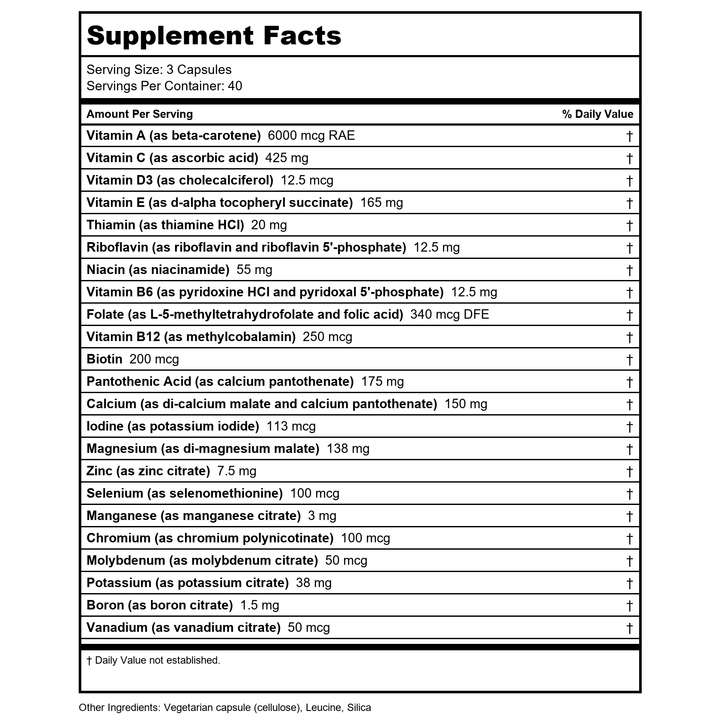 Vital Nutrients Multi-Nutrients 5 120 Capsules - Supplement Facts panel