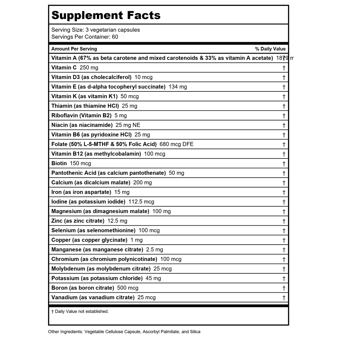 Vital Nutrients PreNatal Multi-Nutrients 180 Capsules - Supplement Facts panel