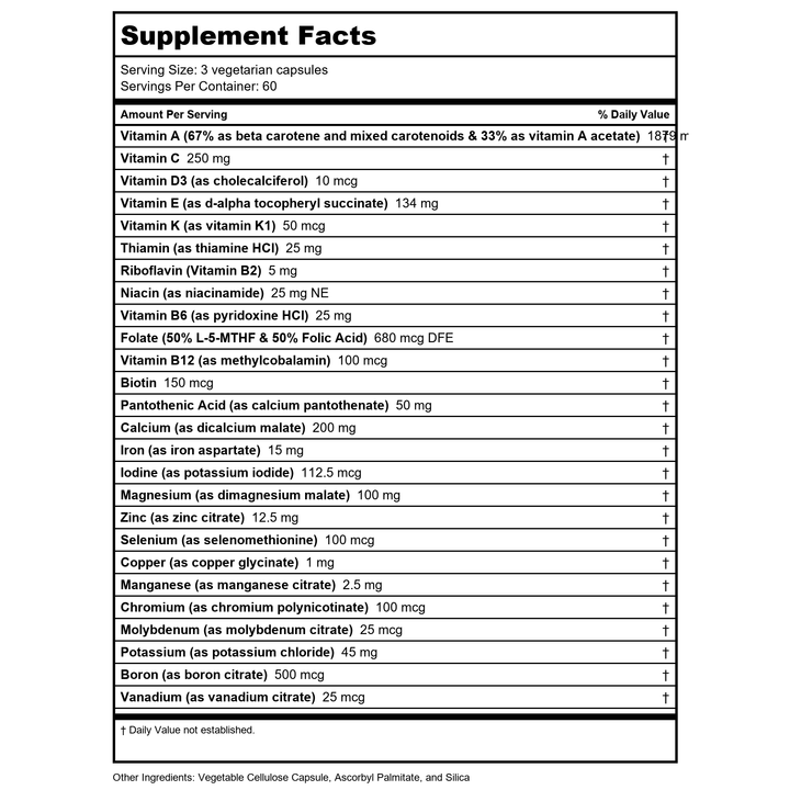 Vital Nutrients PreNatal Multi-Nutrients 180 Capsules - Supplement Facts panel
