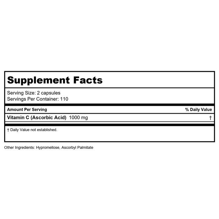 Vital Nutrients Vitamin C 1,000mg 220 Vcaps - Supplement Facts panel