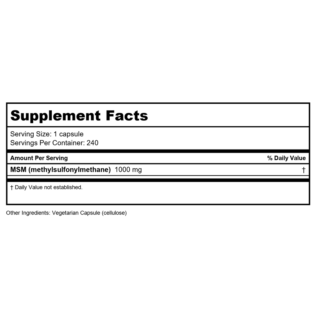 Vital Nutrients MSM 1,000mg 240 Capsules - Supplement Facts panel