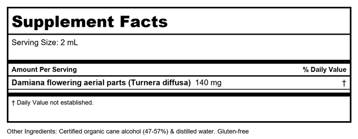 Herb Pharm Damiana 4oz - Supplement Facts panel