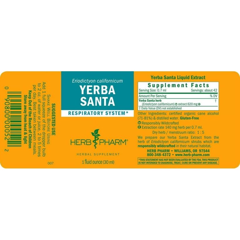 Herb Pharm Yerba Santa 1oz - Supplement Facts panel