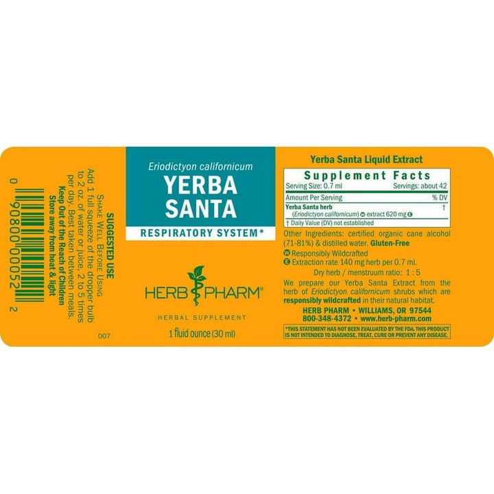 Herb Pharm Yerba Santa 1oz - Supplement Facts panel