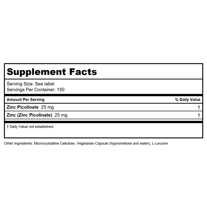 Kirkman Labs Zinc Picolinate 25mg 150 Capsules - Supplement Facts panel